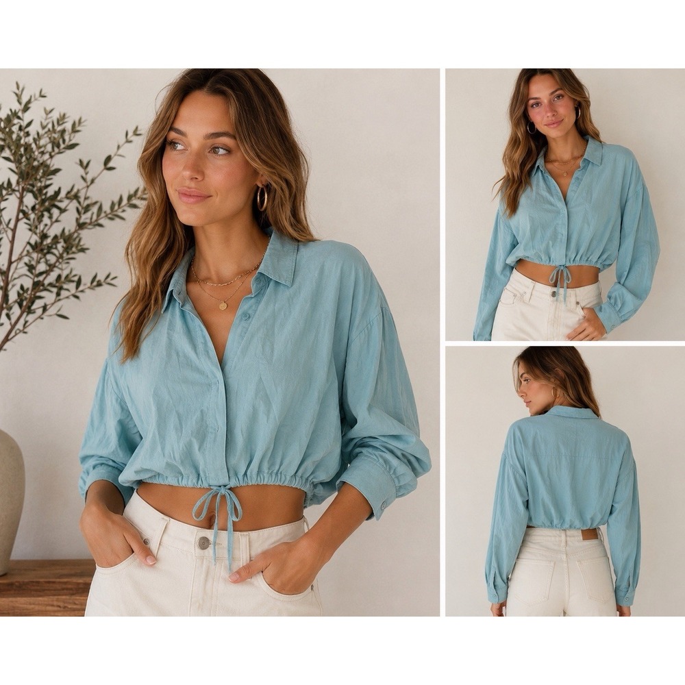 Young Fabulous & Broke Cropped Blouse Coastal Resort Boho‎ Aqua Blue M